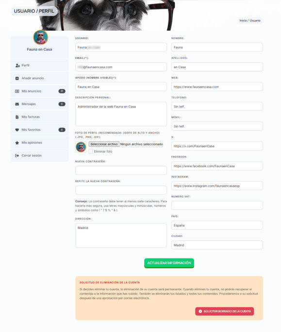 Sección de "Mi perfil" donde los usuarios pueden especificar sus datos
